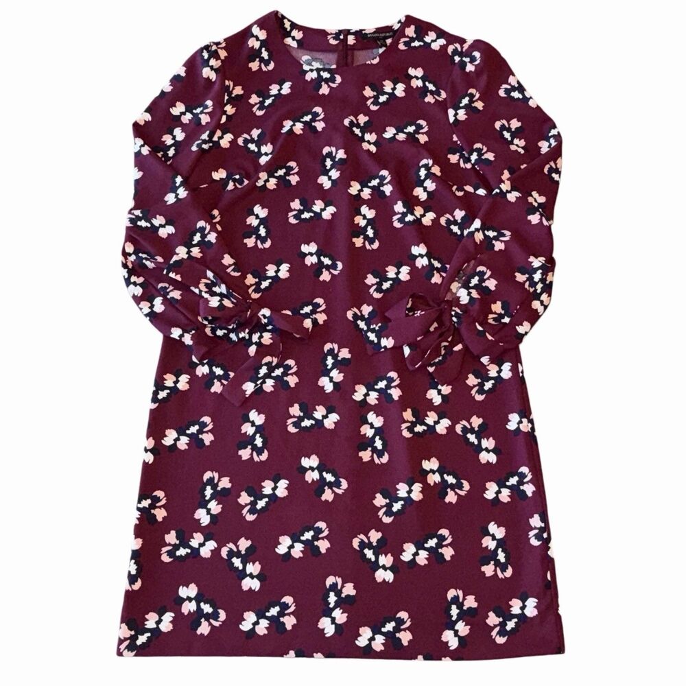 Banana Republic Dress Womens 12 Maroon Floral Shift Long Tie Sleeve Above Knee